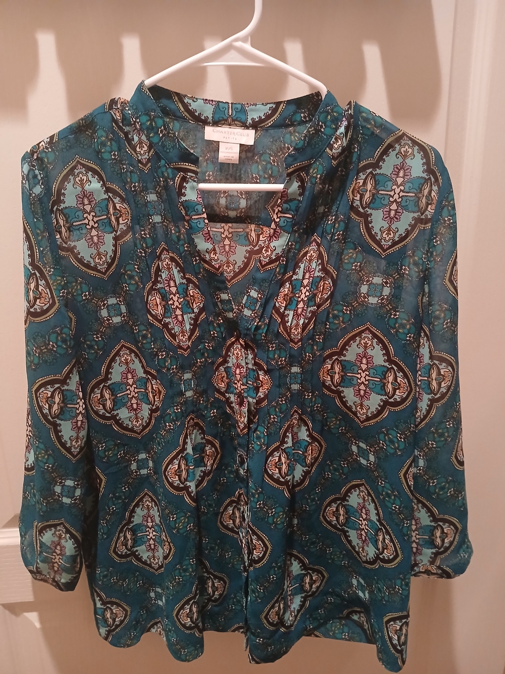 Charter Club Teal Medallion Print Pullover Blouse